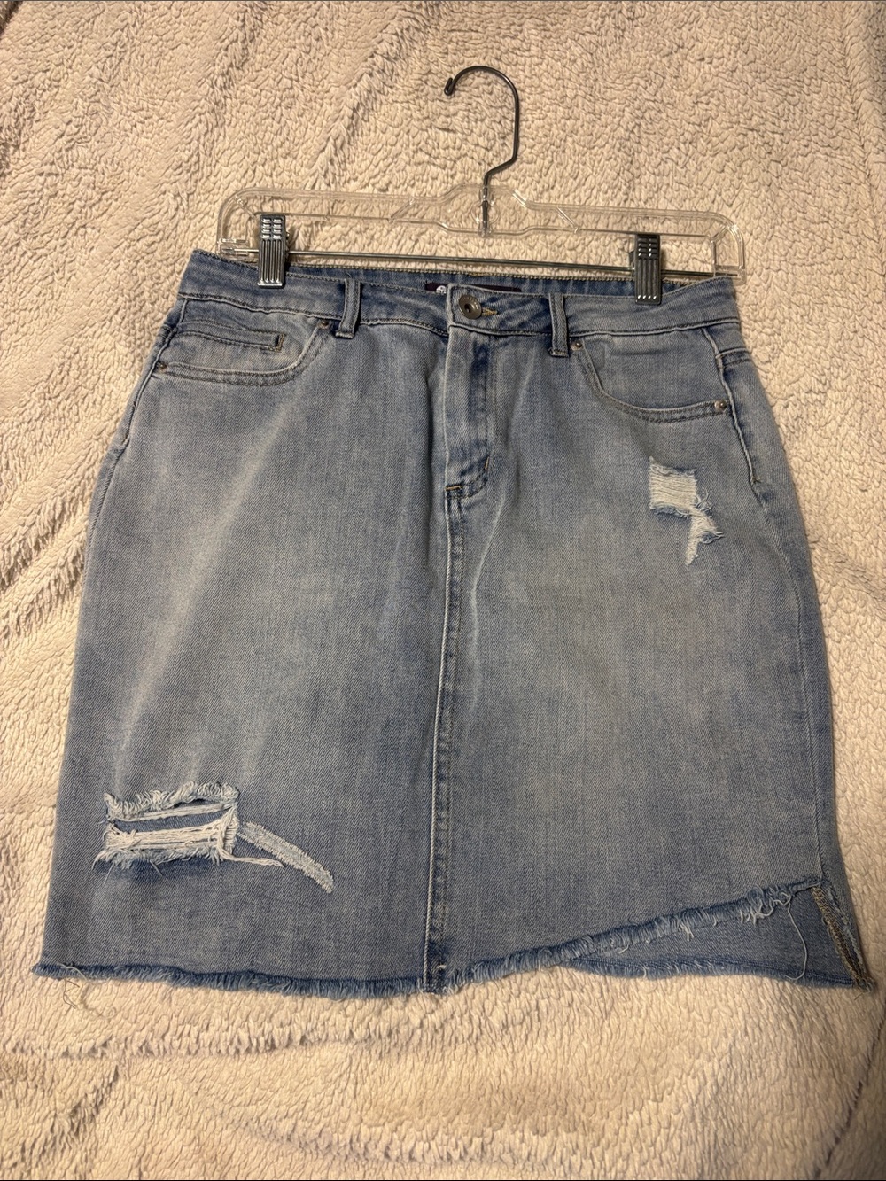 Washed Blue Distressed Denim Mini Skirt